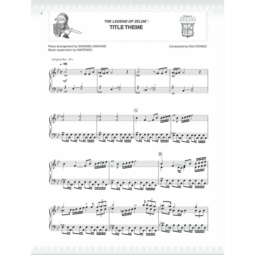 The image shows piano sheet music for "The Legend of Zelda: Title Theme" arranged by Shinobu Amayake. It features standard notation in B♭ major with treble and bass clefs, a tempo of ♩=90, and sections marked A and B. The arrangement, originally composed by Koji Kondo and supervised by Nintendo, includes melodic lines, bass patterns, and flowing sixteenth notes, suitable for intermediate to advanced players.
