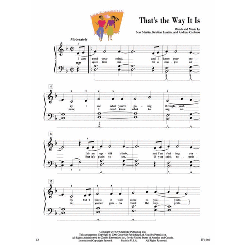 The image shows a page of sheet music for "That's the Way It Is," featuring piano/vocal arrangement in B♭ major, 4/4 time, and a moderate tempo. It includes melody with lyrics, piano accompaniment, chord symbols, fingering, and dynamic marking "mp." The page displays credits to Max Martin, Kristian Lundin, and Andreas Carlsson, a decorative illustration, copyright info from Grantsville Publishing (1999/2000), and product code FF1260.