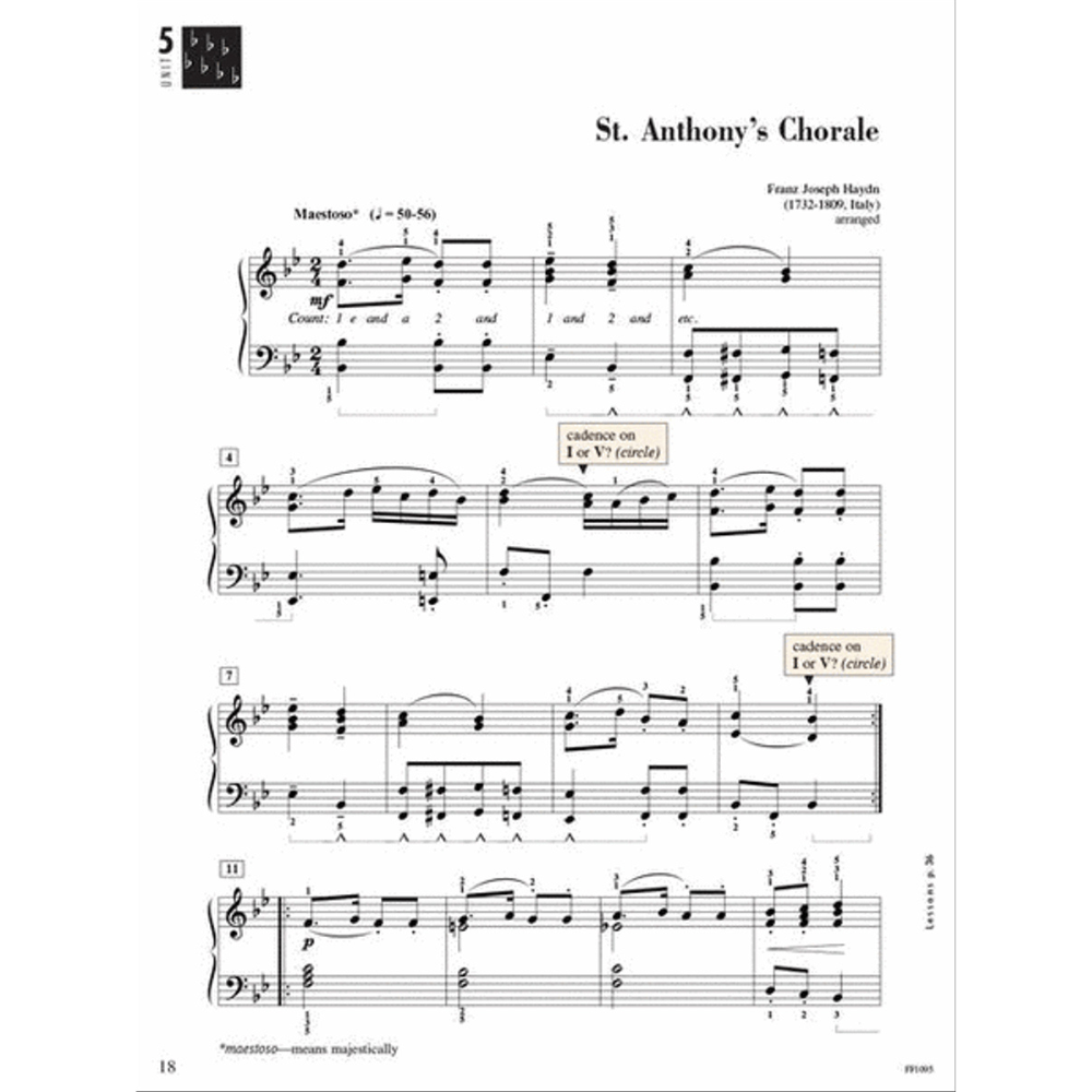 The image shows a page of piano sheet music for Franz Joseph Haydn's "St. Anthony's Chorale" in B-flat major, 2/4 time, marked Maestoso (quarter note = 50-56). It features treble and bass clefs, fingering, lettered sections, cadence notes, rhythm counting ("1 e and a 2 and"), and dynamic markings. The page (18, FF300) includes instructional annotations and performance guidance, indicating it is from an educational music book.