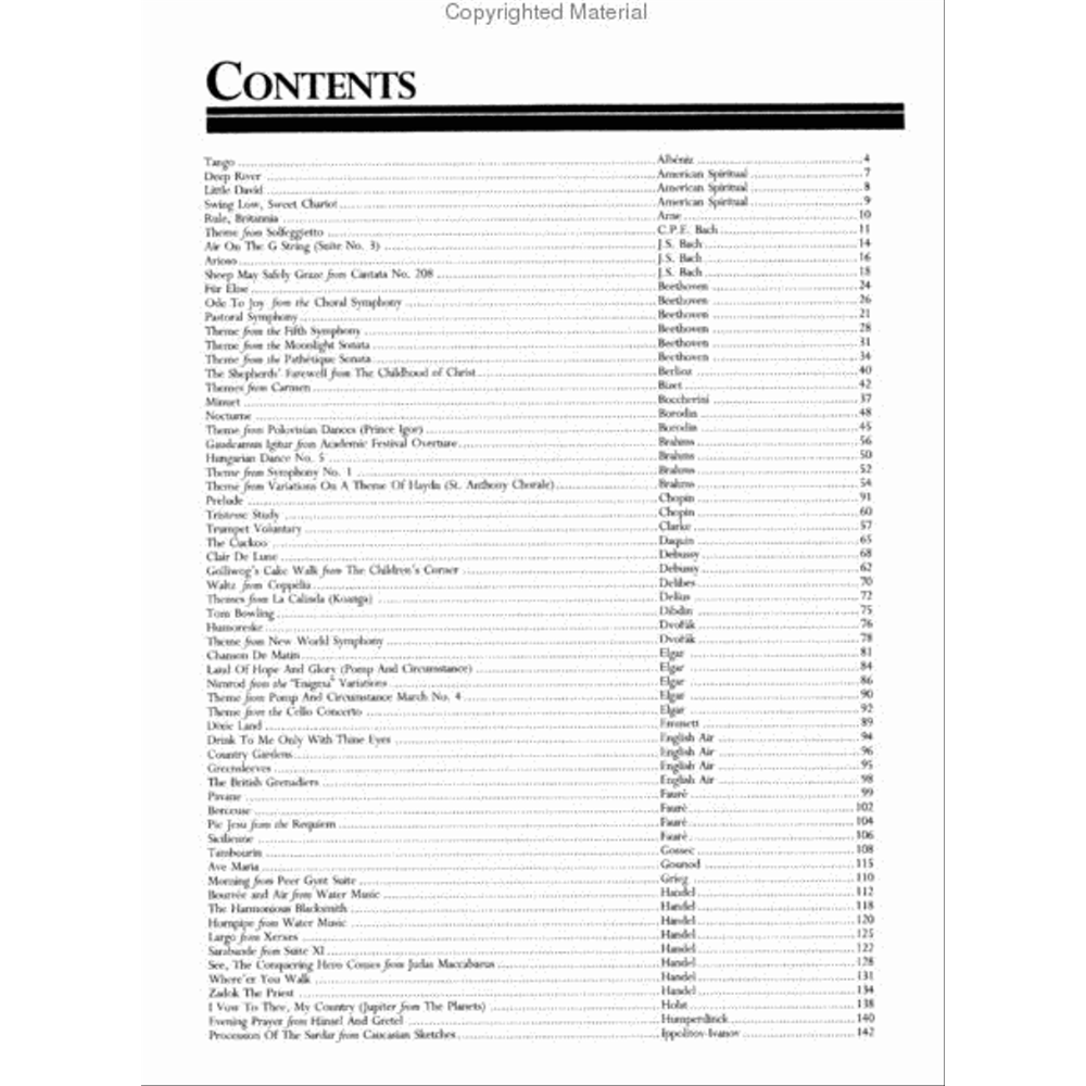 The image shows a contents page from a classical music songbook listing numerous pieces alphabetically by title, composer, and page number. It includes works by Bach, Beethoven, Chopin, Debussy, Handel, and others, featuring well-known compositions like "Air on the G String," "Water Music," and Pachelbel's "Canon." The collection spans Baroque to Romantic periods, likely for piano or general musical use.