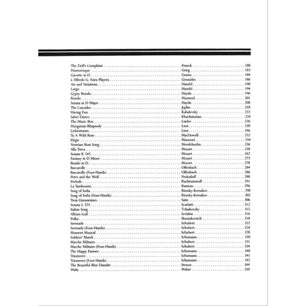 The image shows a table of contents from a classical music songbook listing compositions by composers such as Franck, Grieg, Handel, Haydn, Mozart, Liszt, Rachmaninoff, Rimsky-Korsakov, Schubert, Schumann, Tchaikovsky, and Weber. Included are well-known pieces like "Humoresque," "Liebestraum," "Hungarian Rhapsody," and "The Blue Danube," with page numbers ranging from the 180s to 350s, indicating a large music anthology.