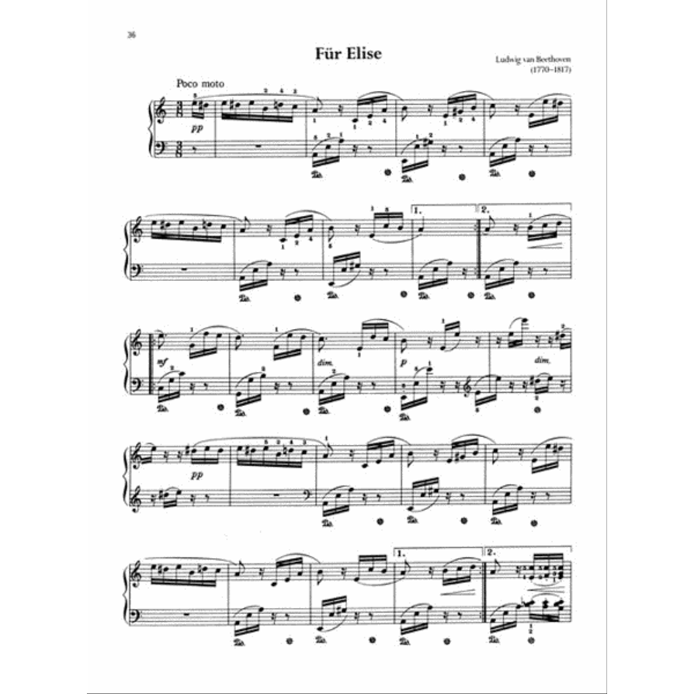 The image shows a page of sheet music for "Für Elise" by Ludwig van Beethoven, featuring the title, composer’s name and dates, tempo marking "Poco moto," and standard piano notation on a grand staff. It includes several systems with the famous opening melody, dynamics, pedal markings, and fingering numbers. This professional or educational edition captures the recognizable flowing melody of this well-known classical piano piece.