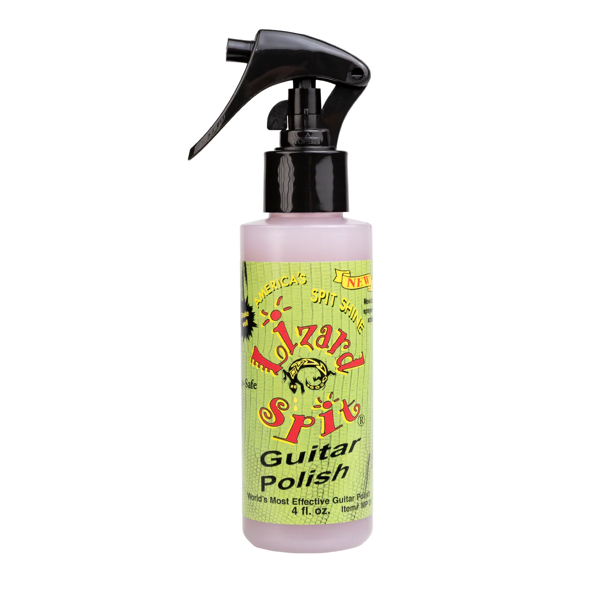 The image shows a 4 fl. oz. bottle of Lizard Spit Guitar Polish, a guitar care product in a clear spray bottle with a black nozzle. The green label features colorful graphics and branding, claiming to be "America's Spit Shine" and the "World's Most Effective Guitar Polish." It is used by musicians and technicians to clean, polish, and protect guitar finishes.