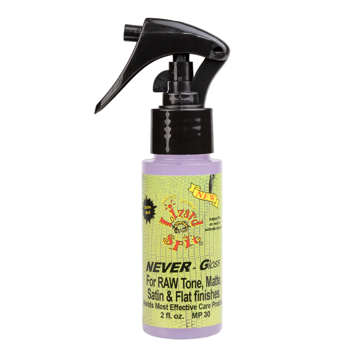 The image shows a 2 fl. oz. bottle of "NEVER-Gloss" guitar care spray with a black trigger nozzle containing light purple liquid. The colorful, vintage-style label features green and yellow tones with a skull or face graphic and states itβs for RAW Tone, Matte, Satin & Flat finishes. This product is designed to clean and protect non-gloss guitar finishes, providing easy spray application for maintenance and preservation.