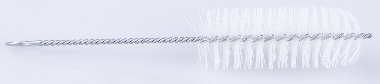 The image shows a long, thin cleaning brush for musical instruments, featuring a twisted wire shaft with white bristles at the tip arranged in a spiral pattern. It is designed to clean the interior of wind instruments like flutes, piccolos, clarinets, and oboes. The flexible wire allows it to reach curved sections, effectively removing moisture and debris to maintain instrument performance.