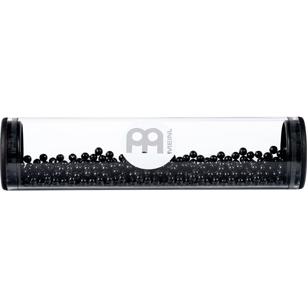 Clear tube shaker with black beads and Meinl logo on a white background