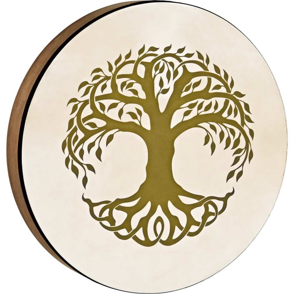 Decorative hand drum with a tree of life design on a white background