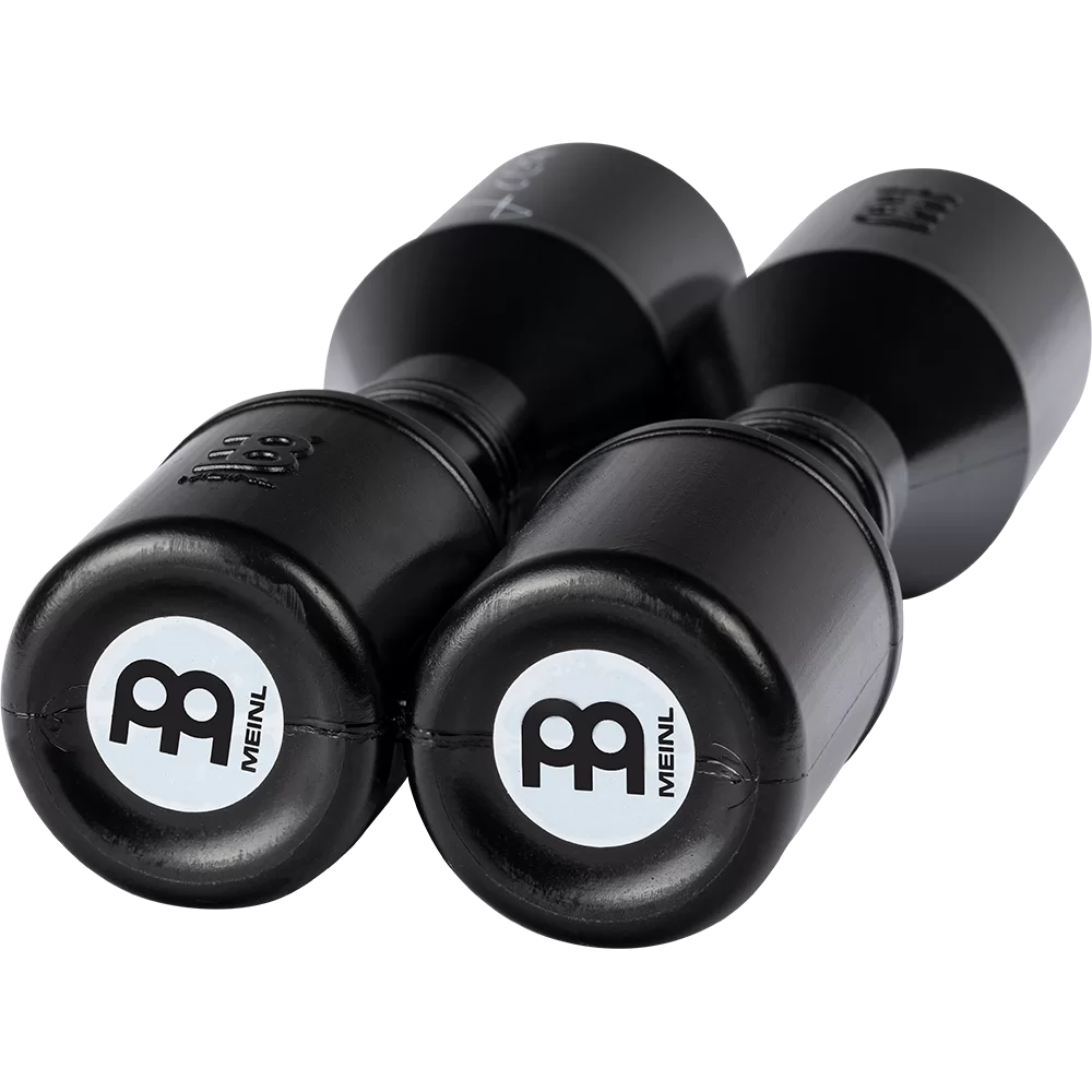 Pair of black Meinl shakers on a white background