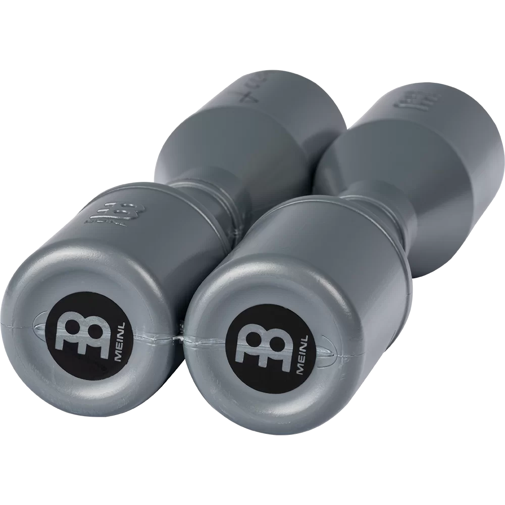 Pair of gray Meinl percussion shakers on a white background