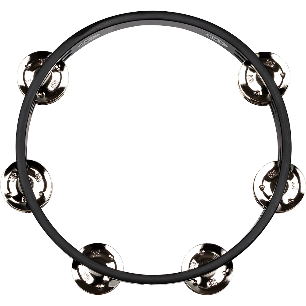 Black tambourine with silver jingles on a white background