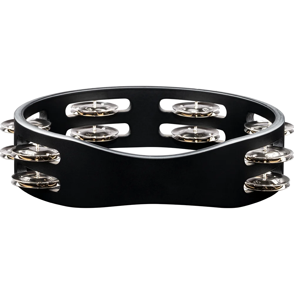 Black tambourine with silver jingles on a white background