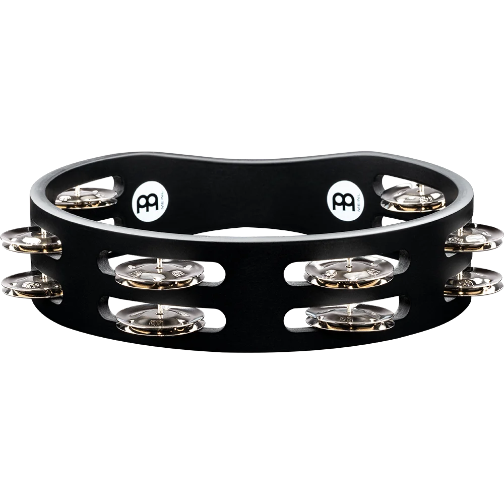 Black tambourine with silver jingles on a white background