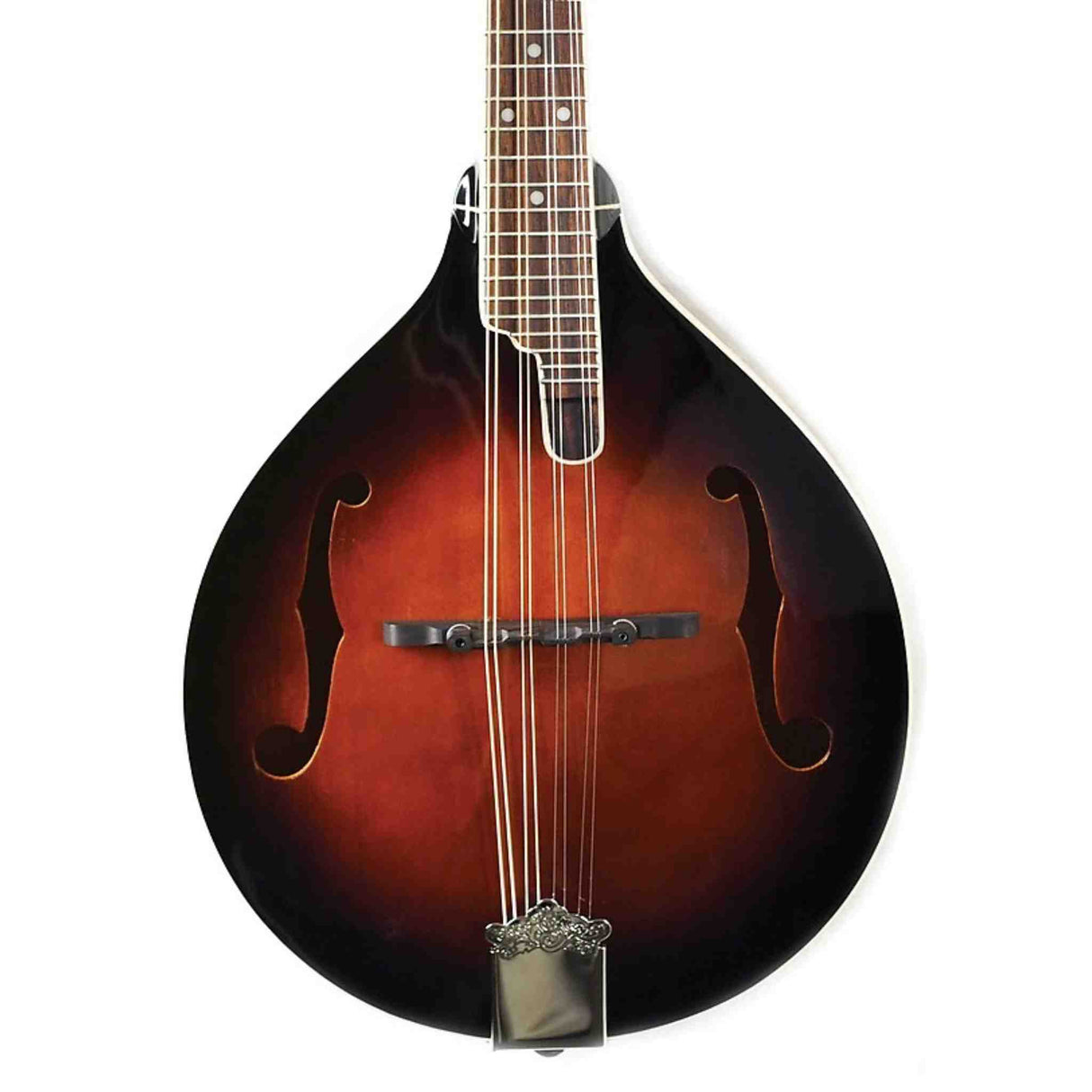 The image shows an acoustic mandolin with a teardrop-shaped body and a sunburst finish fading from reddish-orange to black. It features an oval hollow body with f-holes, eight strings in four pairs, a fretted neck with dot markers, a floating bridge, and an ornate metal tailpiece. This traditional wooden mandolin is finely crafted, reflecting classic design common in folk, bluegrass, and classical music.