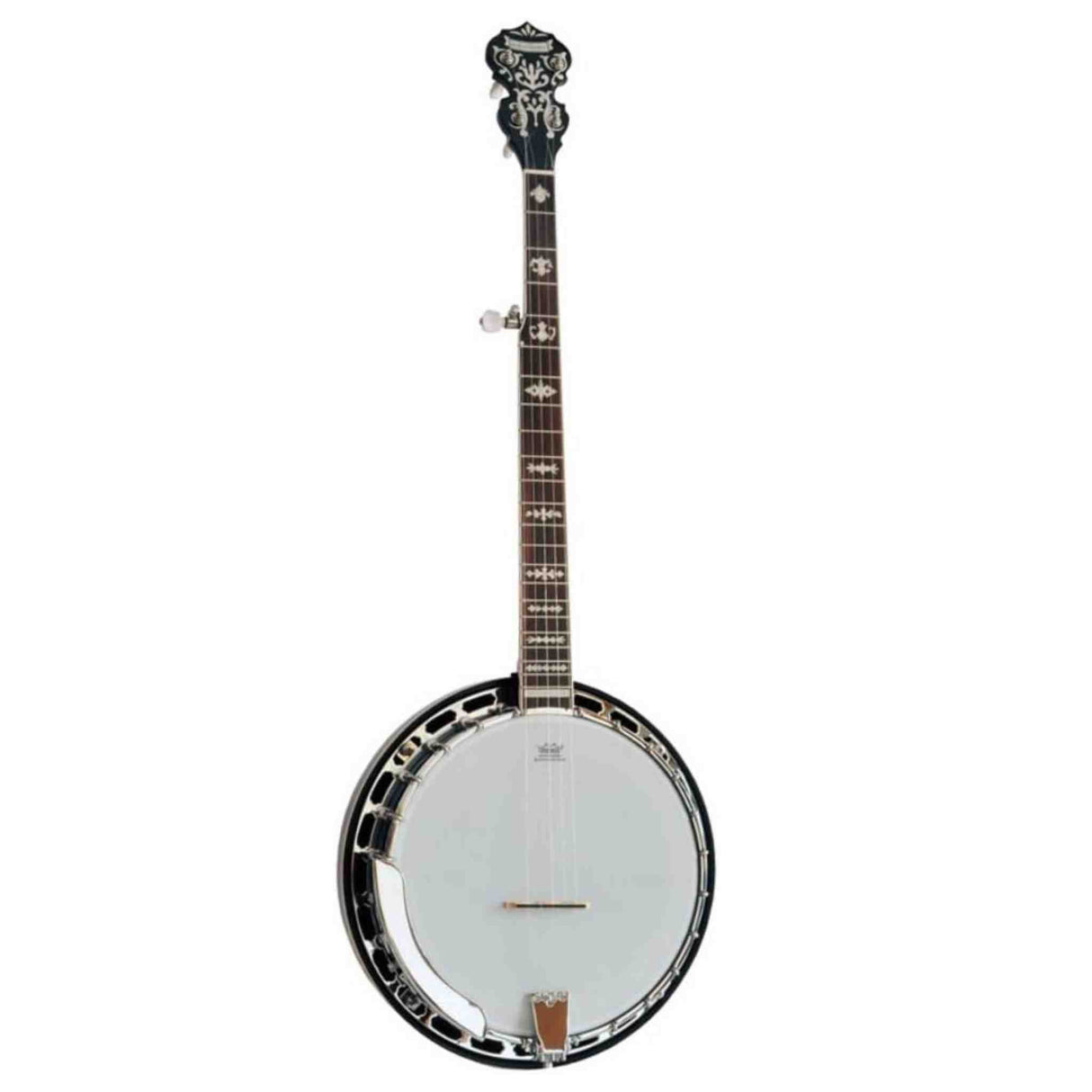 The image shows a 5-string resonator banjo with an ornate carved headstock, a long wooden neck featuring inlay fret markers, and a circular body with a white drumhead. Metal hardware including a tone ring and tailpiece are visible. This banjo’s design, with a wooden back and decorative details, suggests a high-quality instrument used in folk, bluegrass, or country music.