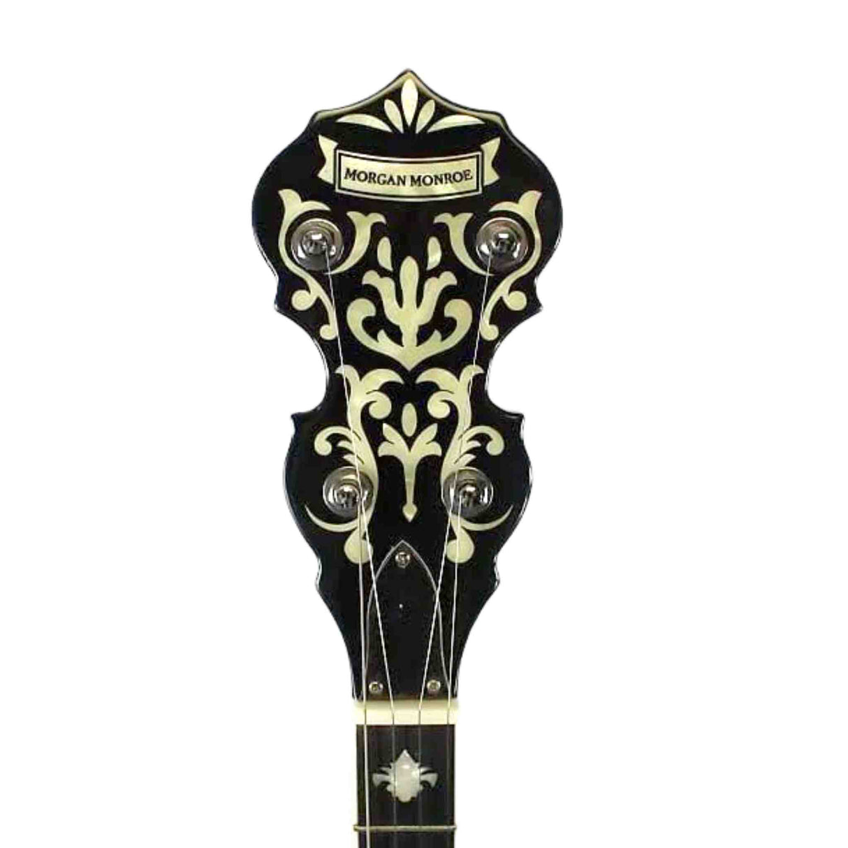 The image shows the headstock of a Morgan Monroe banjo with a glossy black finish and cream-colored scrollwork inlays. It features the "MORGAN MONROE" name at the top, four chrome tuning pegs, Victorian-style decorative flourishes, a crown pattern at the tip, and a small inlay on the neck. The headstock's wide, ornate shape reflects the traditional bluegrass and folk banjo design.