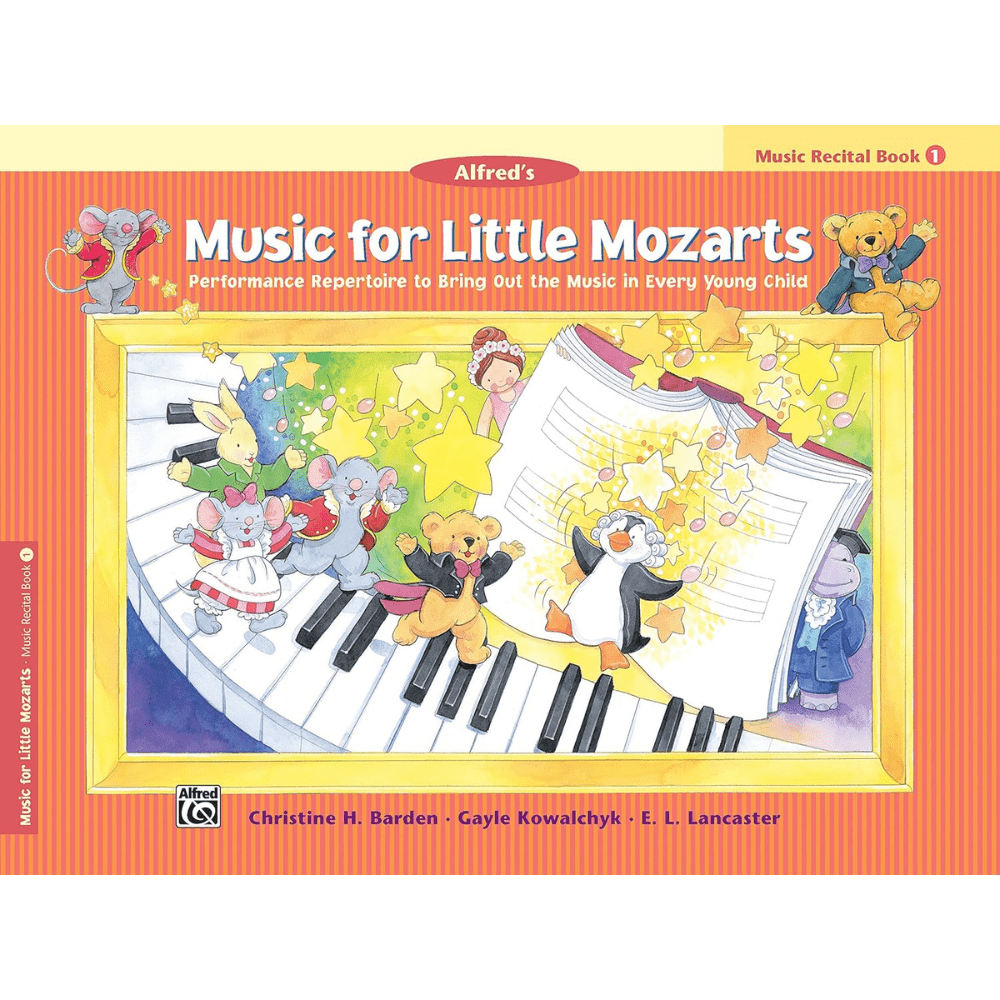 The image shows the cover of Alfred's "Music for Little Mozarts: Music Recital Book 1," a beginner piano method for young children. It features colorful cartoon animals (mice, teddy bear, penguin) on piano keys, stars, and musical elements in a bright orange and yellow design. Authored by Barden, Kowalchyk, and Lancaster, the book is published by Alfred Music and aims to make learning piano fun and engaging for young students.