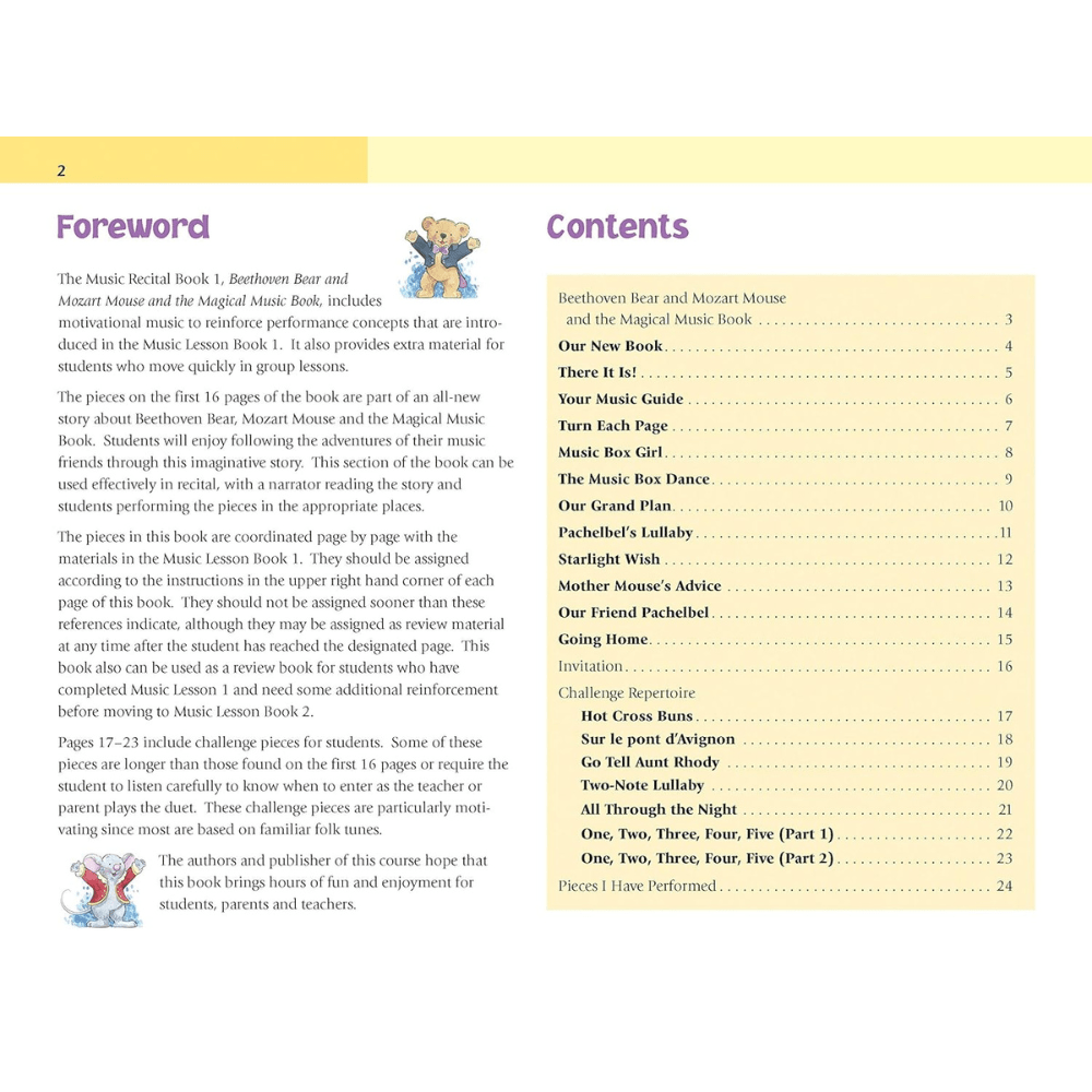 The image shows a page from "The Music Recital Book 1" featuring "Beethoven Bear and Mozart Mouse and the Magical Music Book." It includes a Foreword explaining the book’s purpose, a Table of Contents listing story-based pieces, musical exercises, and classical tunes with page numbers, plus playful cartoon illustrations of the characters, designed to make beginner piano learning fun and engaging for children.