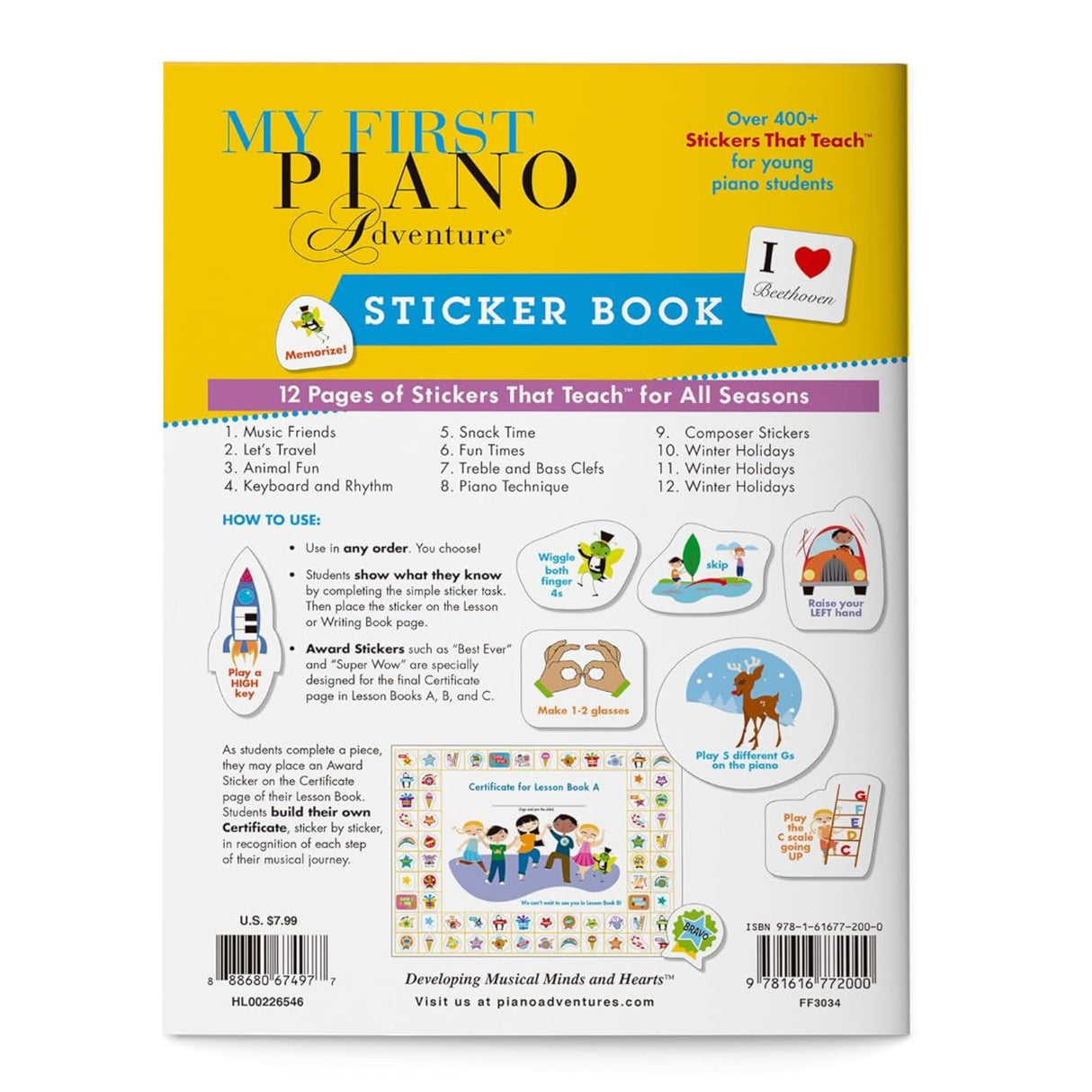 The image shows the "My First Piano Adventure Sticker Book," an educational piano supplement with over 400 stickers across 12 pages. Designed for young students using the My First Piano Adventure method, it features categories like Music Friends, Animal Fun, and Piano Technique. The interactive stickers reward musical skills and include certificates, making piano learning engaging and motivating through gamification and visual aids.