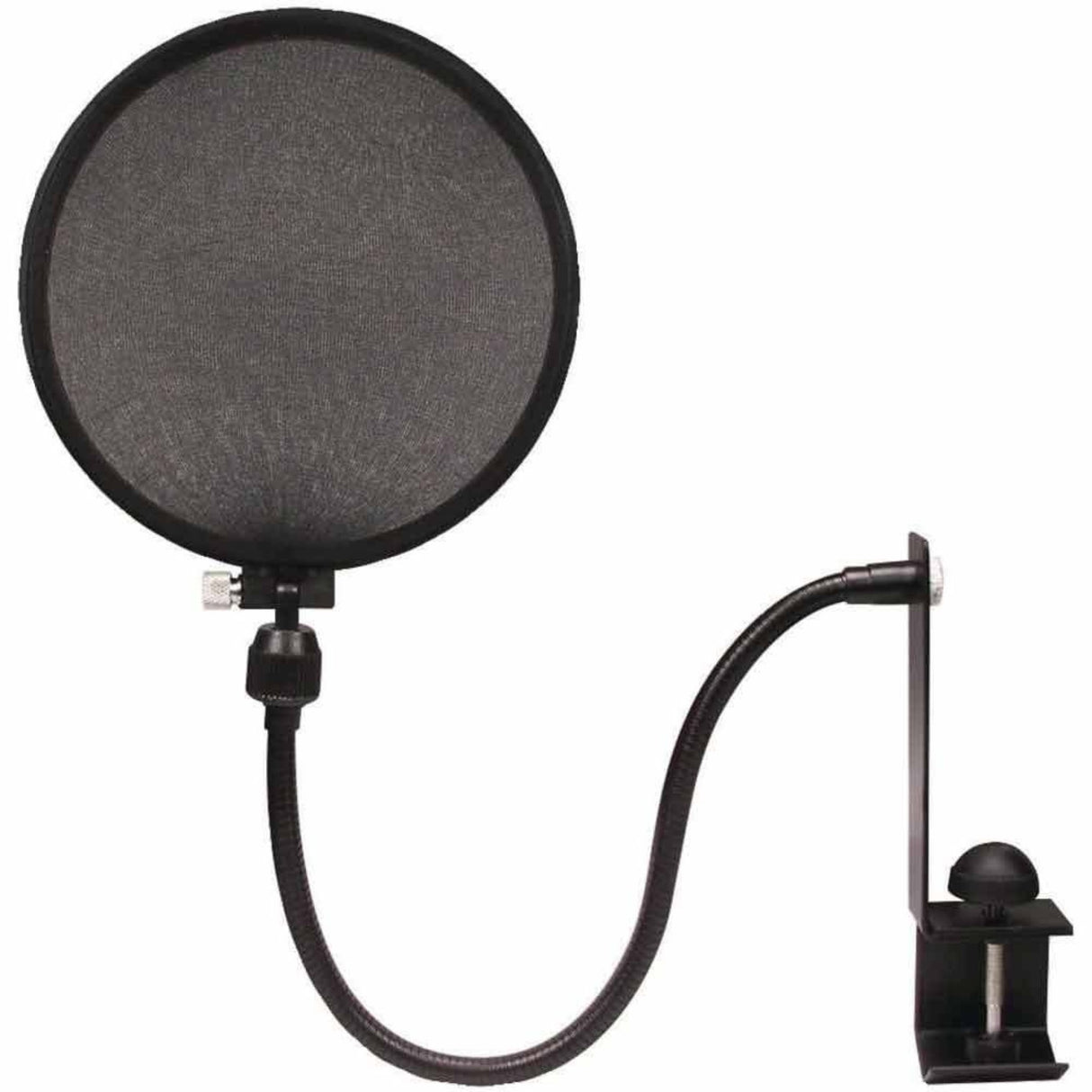 The image shows a pop filter, an audio accessory with a circular frame and fine mesh, attached by a gooseneck arm and clamp to a microphone stand. It reduces plosive sounds, breath noise, and moisture, improving vocal recording quality. Common in studios, itβs placed between the vocalist and microphone to filter air bursts while allowing clear sound.