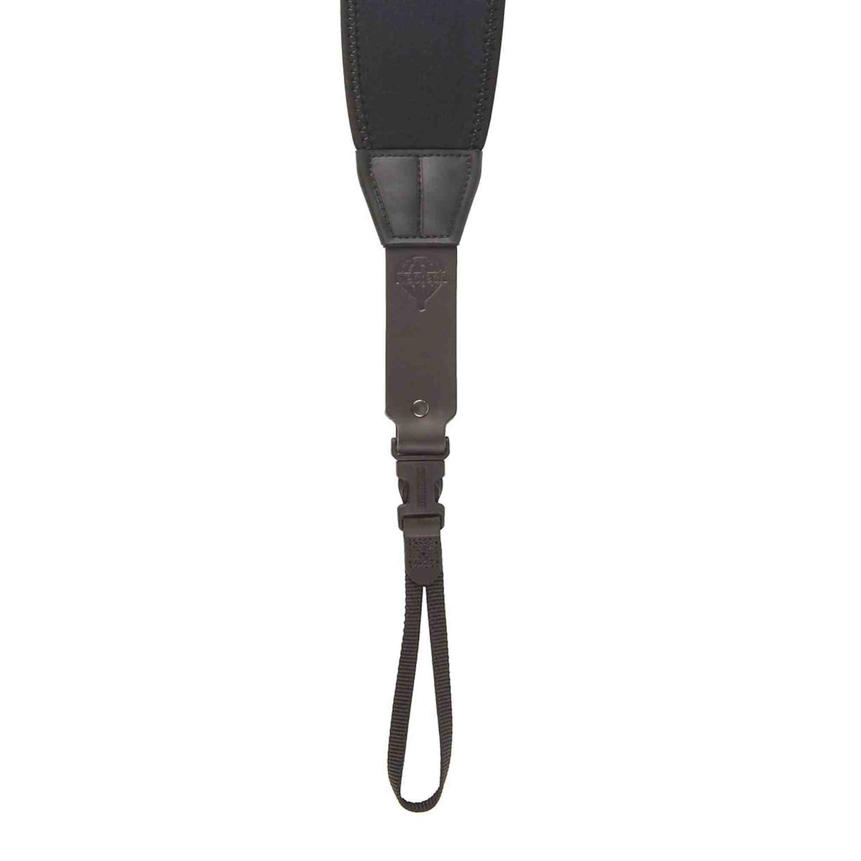 The image shows a black guitar strap with padded shoulder support, made of leather or synthetic leather with contrasting reinforced stitching. It features an adjustment mechanism in the middle and a thin cord at the bottom for securing to the guitar. Designed for comfort and durability, this premium strap helps distribute the instrument's weight for easier playing while standing.