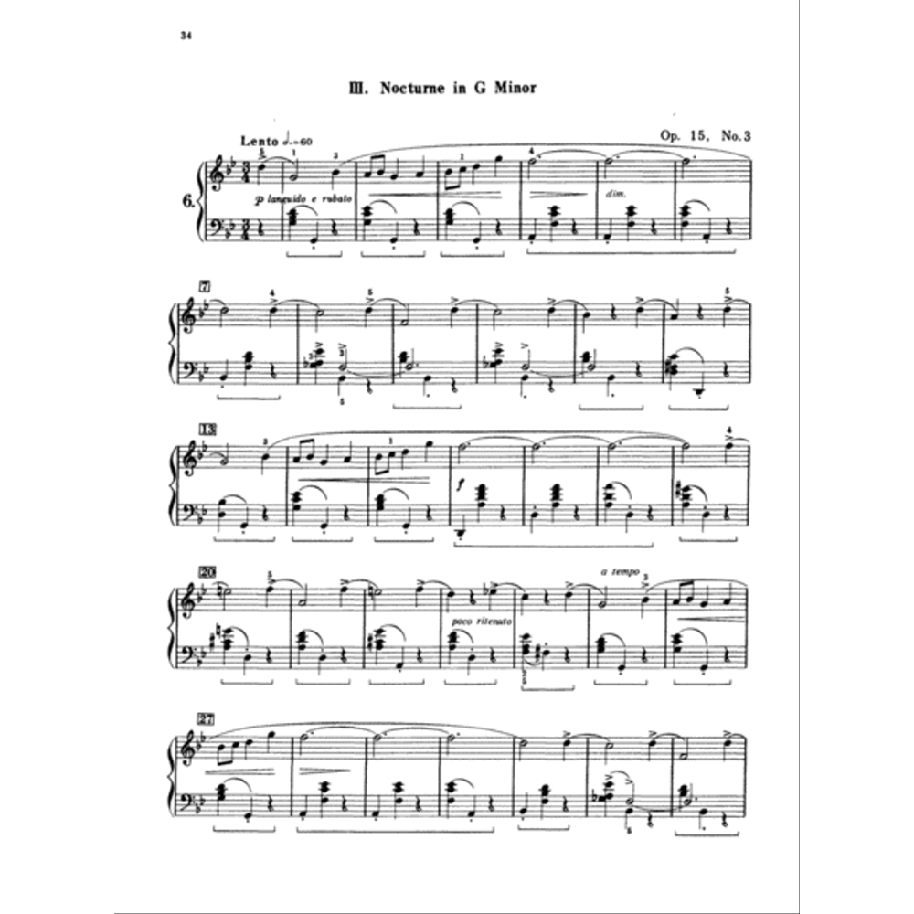 The image shows a page of sheet music for "III. Nocturne in G Minor, Op. 15 No. 3," marked Lento ♩=60, written for piano with treble and bass clefs. It includes dynamic and expression markings (p, f, legato, rubato, dim., poco ritenuto, a tempo), pedal symbols, measure numbers (6, 9, 13, 20, 26), and complex rhythms typical of nocturnes. This is page 34 of a larger score, likely from the Romantic period.