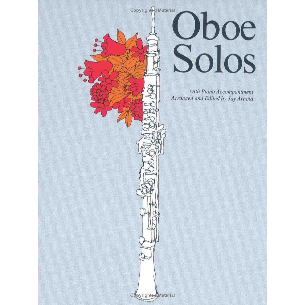 Book cover of 'Oboe Solos' with an oboe illustration and red flowers on a light blue background.