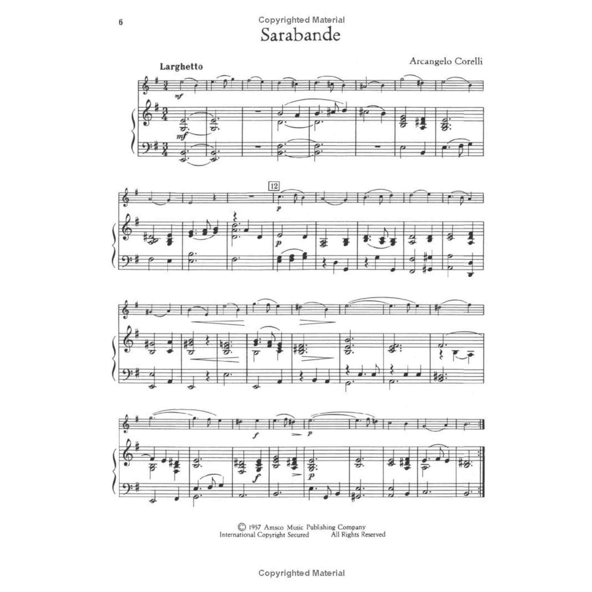 Print music for 'Sarabande' by Arcangelo Corelli for oboe, on a white background