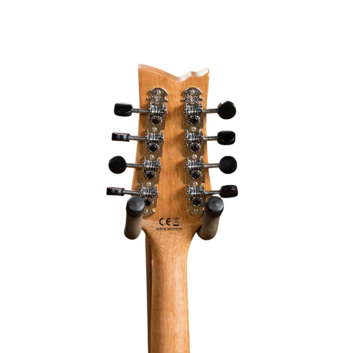 The image shows the back of a mandolin headstock with 8 chrome tuning pegs featuring black buttons, arranged in two rows of four. It has a natural light wood finish and a traditional carved shape. Markings include "MADE IN CHINA" and a CE certification. The hardware appears professional and high quality, characteristic of an 8-string mandolin used in various music styles.