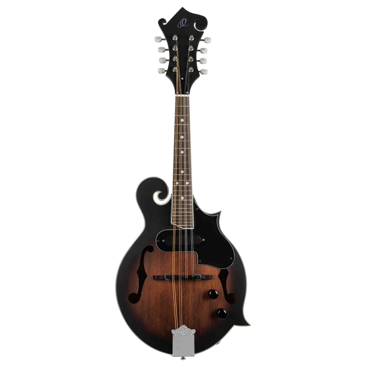 The image shows a traditional acoustic mandolin with a pear-shaped hollow body featuring f-holes, eight strings in four pairs, a black headstock with tuning pegs, and a fretted neck with dot markers. It has a two-tone finish with dark back and sides and a lighter wood top, plus pointed cutaways. This string instrument from the lute family is commonly used in bluegrass, folk, and classical music.