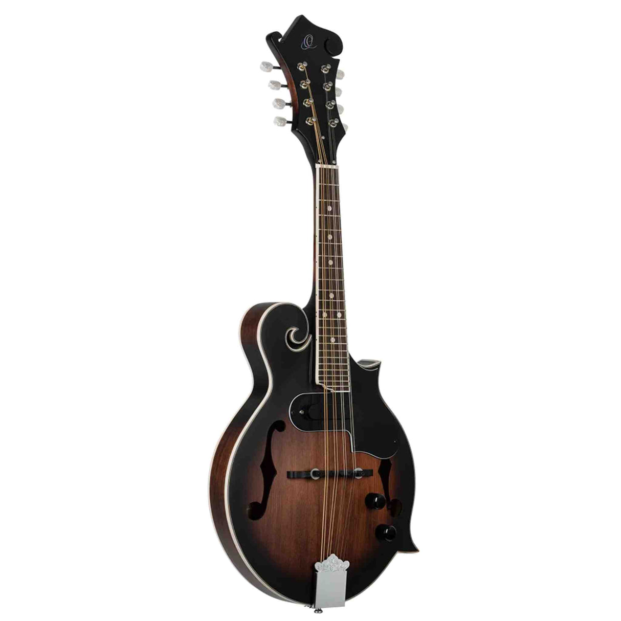The image shows an F-style mandolin, a stringed instrument with a hollow wooden body, sunburst finish, and distinctive decorative scroll on the upper bout. It features 8 strings in 4 pairs, f-holes, a fretted neck with dot markers, an ornate headstock with tuning pegs, and pickup controls, indicating it is an acoustic-electric mandolin. This instrument is commonly used in bluegrass, folk, and classical music.