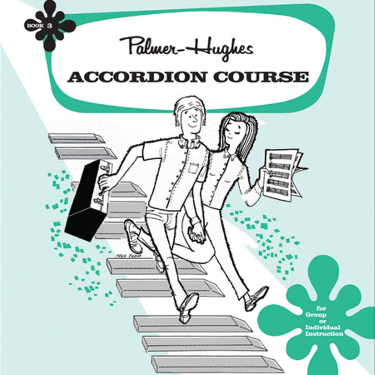 The image shows the cover of the "Palmer-Hughes Accordion Course Book 3," featuring a vintage green and white design. It displays the Palmer-Hughes name, large black "ACCORDION COURSE" text, an illustration of a man carrying an accordion case and a woman holding sheet music, scattered musical notes, and a flower-like logo in the corners. The book is for group or individual accordion instruction.