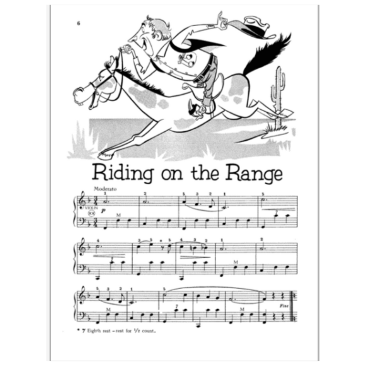 The image shows sheet music titled "Riding on the Range," written in B-flat major for piano with treble and bass clefs. It is marked "Moderate" tempo and contains multiple systems with notes, rests, dynamics, and phrasing. Above the music is a vintage black-and-white cartoon of a cowboy riding a horse in a Western desert scene with cacti. The layout suggests it is from an educational piano collection with a Western theme.