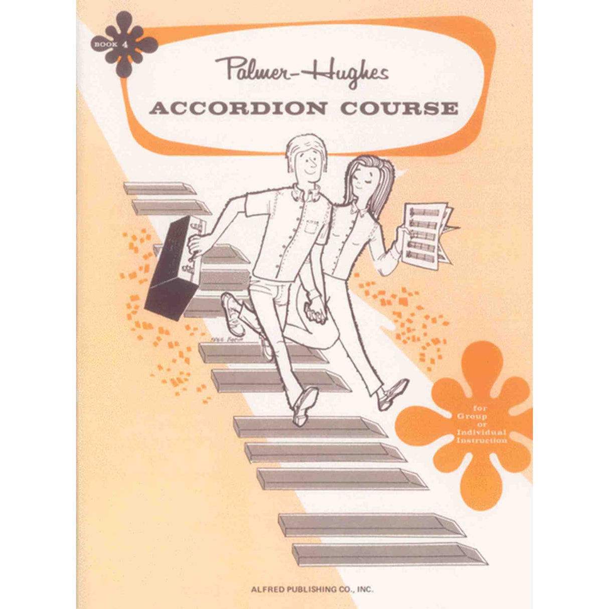 The image shows the cover of a vintage "Palmer-Hughes Accordion Course" instruction book by Alfred Publishing Co. It features a retro orange and cream design with an illustration of a young man and woman seated on piano keys, holding sheet music, and an accordion in black. Decorative floral elements and text note it’s for group or individual instruction and marked as Book 1. This popular mid-20th-century method helped students learn the accordion.