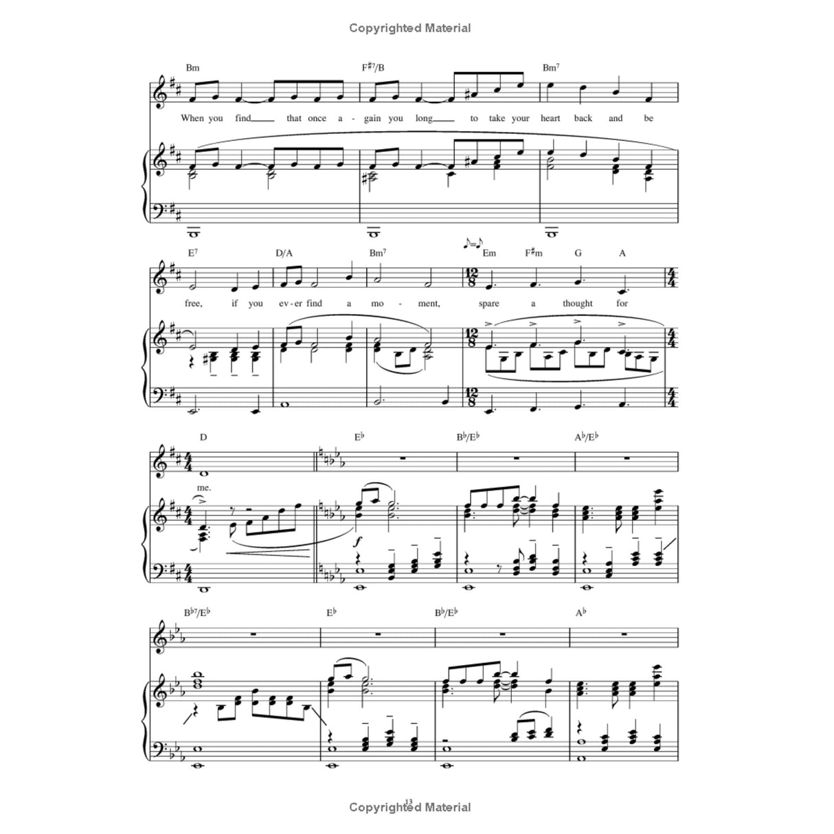 The image shows a page of sheet music for piano and vocal, written in treble and bass clefs with chord symbols (Bm, F#/B, E7, etc.). It includes key signatures in B major/G# minor and modulates to flats, with time signatures 12/8 and 4/4. Lyrics visible include "When you find that once again…" Dynamic markings, slurs, and a complex piano accompaniment are present. The score features "Copyrighted Material" watermarks.