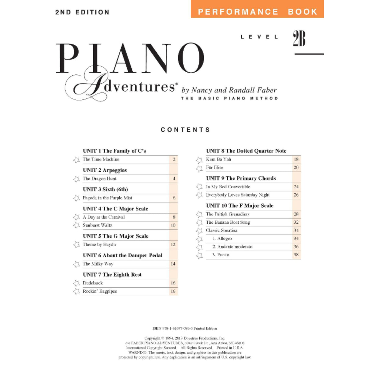 The image shows the table of contents page of the "Piano Adventures Performance Book Level 2B" (2nd Edition) by Nancy and Randall Faber. It outlines units covering scales, intervals, chords, and techniques, along with songs like "Sunburst Waltz," "Theme by Haydn," and a three-movement Classic Sonatina. This book is part of "The Basic Piano Method" series, designed for intermediate beginner piano students.