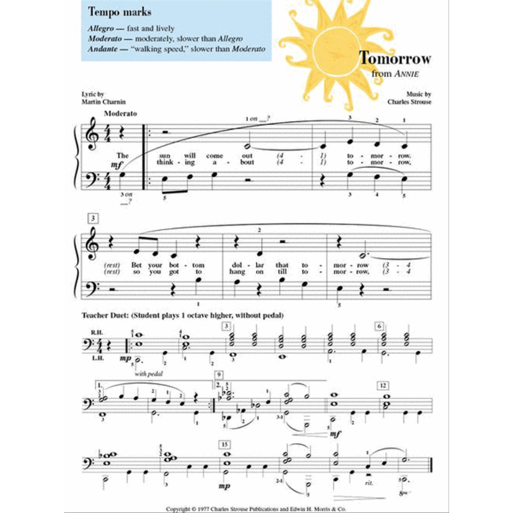 The image shows a sheet music page for "Tomorrow" from the musical "Annie," featuring the title with a sun graphic, credits to Martin Charnin (lyrics) and Charles Strouse (music), piano notation in 4/4 time with treble and bass clefs, and tempo marked Moderato. It includes opening lyrics, a tempo guide, teacher duet notes, fingering, dynamic markings, and is designed for intermediate piano students with educational annotations.