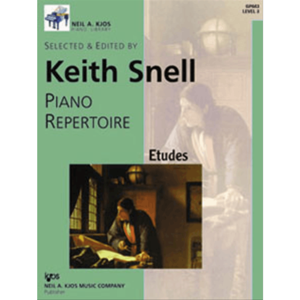 The image shows a piano method book titled "Piano Repertoire: Etudes," edited by Keith Snell, part of the Neil A. Kjos Piano Library series. Marked as Grade Level 5, the green cover features classical artwork of a historical figure composing. This collection of etudes is designed for intermediate piano students to develop technical skills and musicality, published by Neil A. Kjos Music Company.
