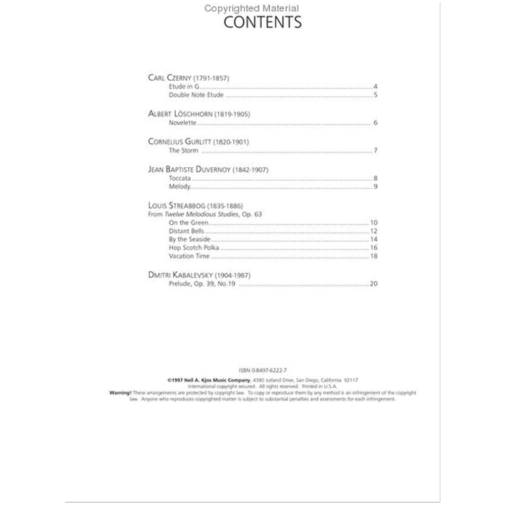 The image shows a table of contents from a classical piano music collection featuring works by Czerny, Lӧschhorn, Gurlitt, Duvernoy, Streabbog, and Kabalevsky. It includes etudes, studies, and character pieces like Czerny's Etudes, Streabbog's "Twelve Melodious Studies," and Kabalevsky’s Prelude. The book, published by Neil A. Kjos Music Company, appears designed for intermediate piano students and includes copyright details.