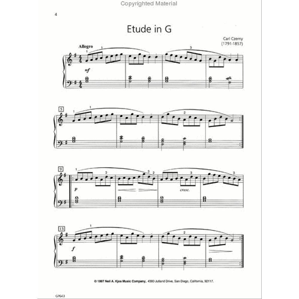 The image shows a page of piano sheet music for Carl Czerny’s "Etude in G." It features treble and bass clefs, a G major key signature, an Allegro tempo, dynamic markings (mf, p, f, cresc.), fingering numbers above notes, and four systems of music. Copyright from Neil A. Kjos Music Company is at the bottom. This etude is part of Czerny’s educational piano studies designed to develop technique.