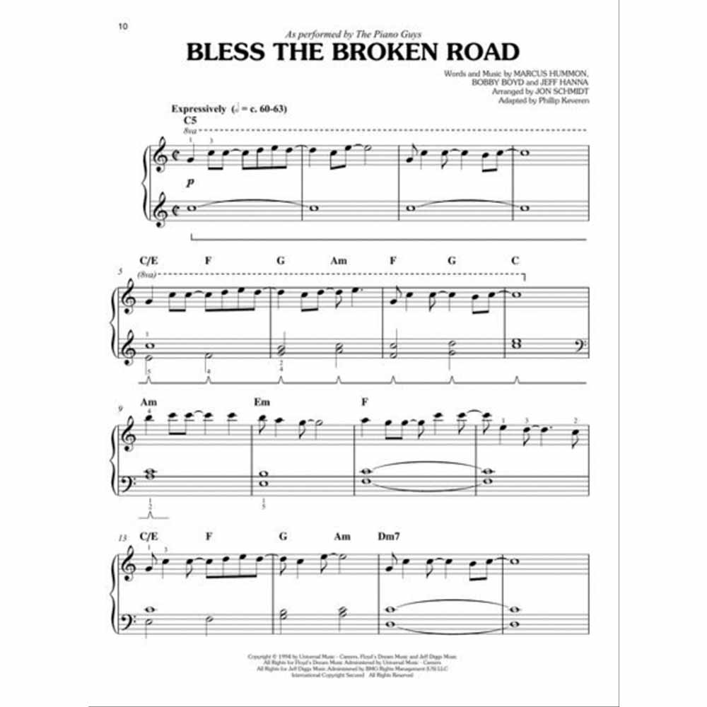 The image shows a sheet music page for "Bless the Broken Road," arranged for piano with treble and bass clefs. It includes the title, tempo marking (♩=60-63), key of C major, dynamic "p," chord symbols like C5 and Am, and notes it’s performed by The Piano Guys. The arrangement is by Jon Schmidt, adapted by Philip Keveren, with copyright details at the bottom.