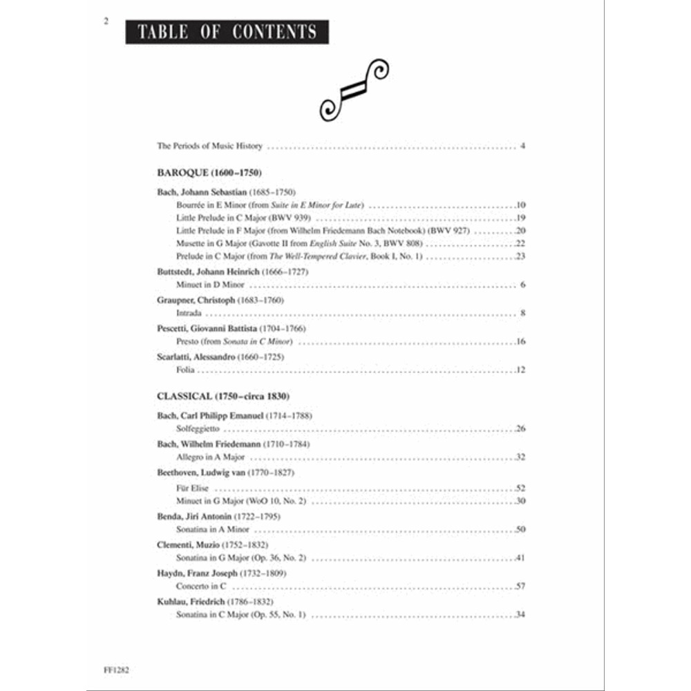 The image shows a table of contents from a classical piano music collection, organized by Baroque (1600-1750) and Classical (1750-c.1830) periods. It lists works by composers like J.S. Bach, Buttstedt, Graupner, C.P.E. Bach, Beethoven, Haydn, and others, with titles and page numbers. The reference "FF1202" at the bottom suggests it is part of a published music series.