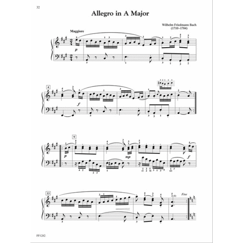 The image shows a page of sheet music for "Allegro in A Major" by Wilhelm Friedemann Bach, written for piano with grand staff notation. It features a 2/4 time signature, A Major key (3 sharps), tempo marking "Maggiore," dynamics like piano and forte, numbered measures, fingering suggestions, and publisher code "FF1282." The page (52) displays Baroque-style sixteenth notes and ornaments, likely from an intermediate piano collection.
