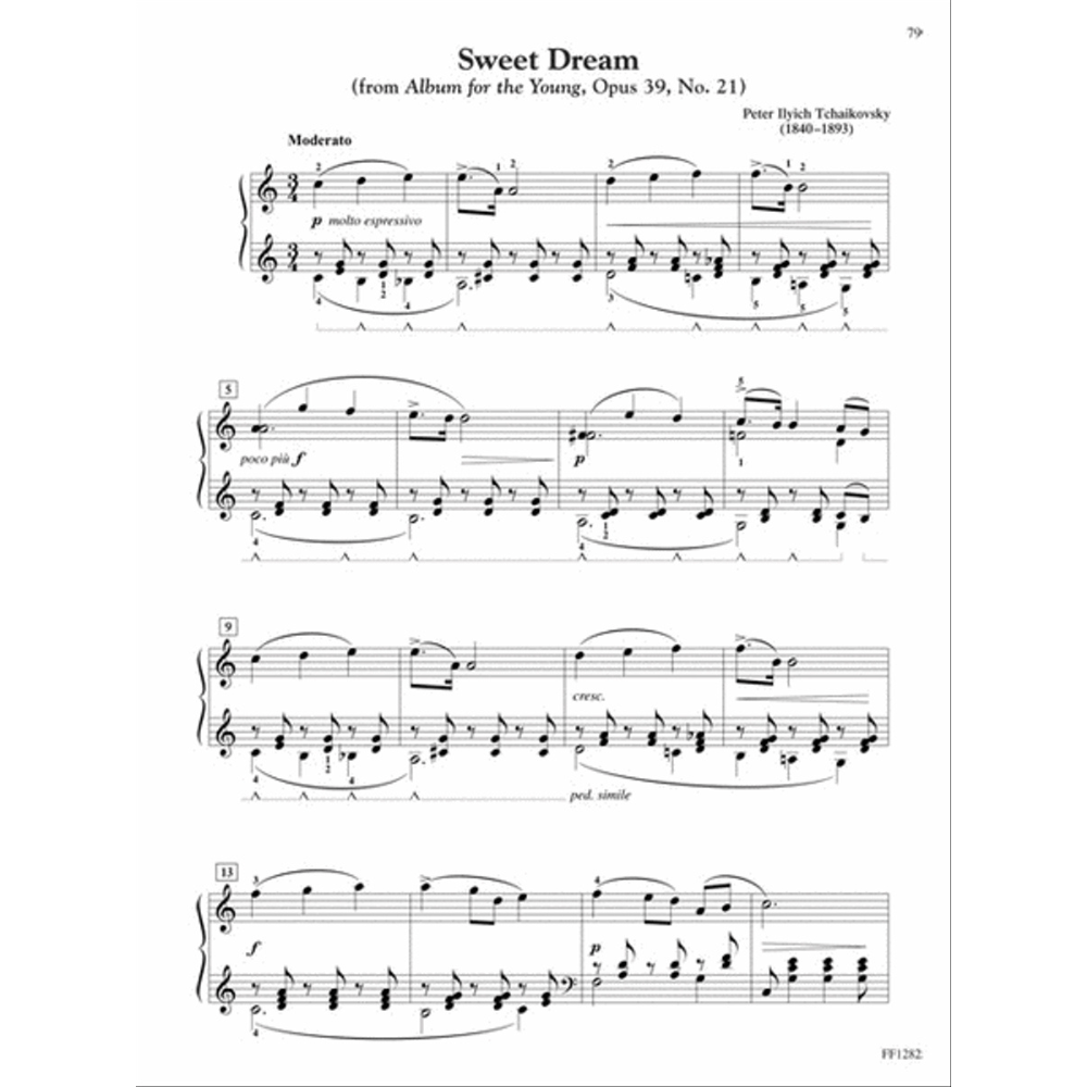 The image shows a page of piano sheet music for "Sweet Dream" from Tchaikovsky's "Album for the Young, Op. 39, No. 21." It features a 3/4 time signature, Moderato tempo, dynamic markings ("p molto espressivo," "poco più f"), fingering numbers, pedal markings, and measures 1–13 across multiple systems. The page number 79 and publisher code "FP1292" are visible. The clear notation suggests it’s from an educational piano collection.