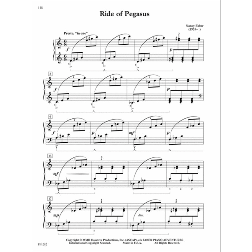 The image shows page 118 of the piano sheet music "Ride of Pegasus" by Nancy Faber. It features treble and bass clefs, tempo marking "Presto, 'in one'," dynamics (f, p, mf, mp), fingering, pedal markings, slurs, and measure numbers (5, 9, 13, 17). At the bottom is copyright info from FABER PIANO ADVENTURES, FJH Music Co. Inc., catalog number FF1282.