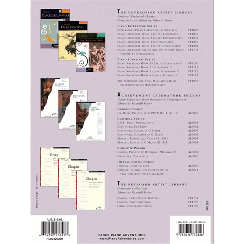 The image shows the back cover of a Faber Piano Adventures music education catalog featuring piano method books and sheet music collections. It highlights The Developing Artist Library (Piano Literature, Sonatinas, Bach works), Achievement Literature Sheets by musical periods (Baroque, Classical, Romantic, Impressionistic), and The Keyboard Artist Library by Randall Faber. Book covers, catalog numbers, prices, and the website www.PianoAdventures.com are also shown.