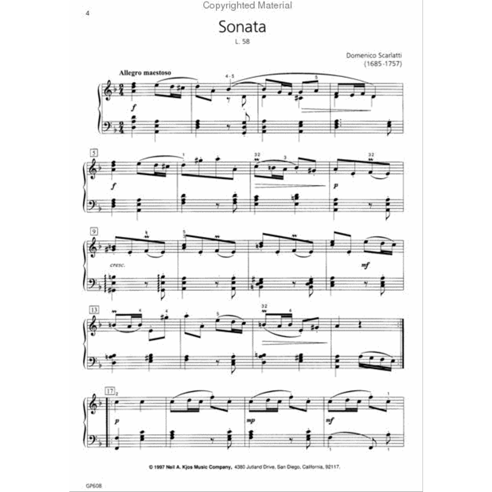 The image shows a page of classical piano sheet music for Domenico Scarlatti’s Sonata L. 58, marked "Allegro maestoso." It features standard treble and bass clefs, numbered measures, dynamic markings like forte and crescendo, and a copyright from Neil A. Kjos Music Company. The sheet is from a published edition intended for intermediate to advanced pianists.