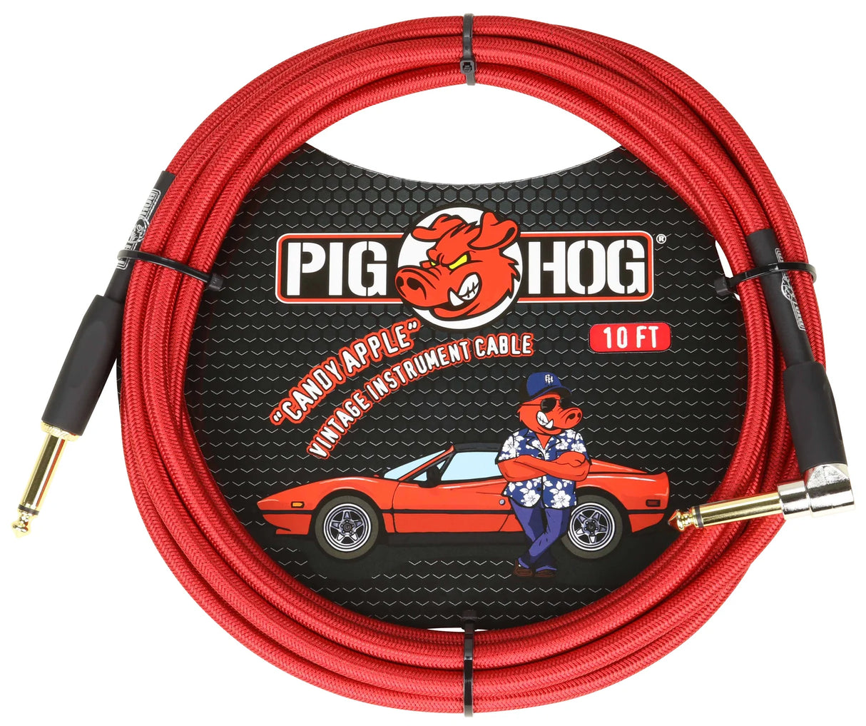 The image shows a 10-foot Pig Hog "Candy Apple" vintage instrument cable with a bright red braided exterior and gold-plated 1/4" connectors. It features the Pig Hog pig mascot logo and comes in packaging depicting the pig with a vintage red sports car. Designed for electric guitars, basses, and other instruments, the durable braided cable offers both retro style and protection against interference and damage.