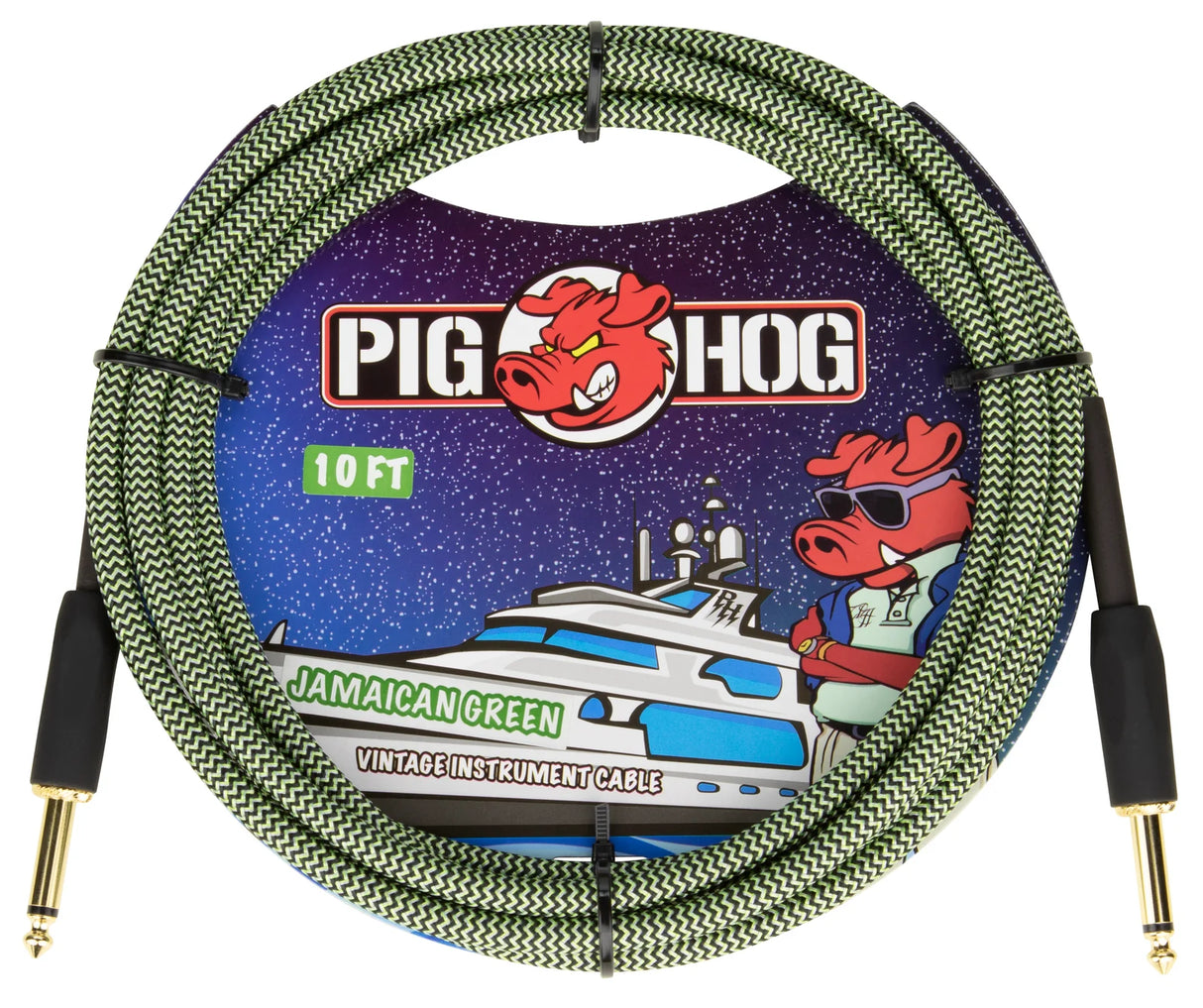 The image shows a 10-foot Pig Hog "Jamaican Green" vintage instrument cable with a green and black woven design, gold-plated 1/4" connectors, and the red pig mascot logo. The packaging features colorful space-themed artwork with the mascot on a yacht. This durable, professional-grade cable is used for connecting guitars, basses, keyboards, and other instruments to amplifiers or audio equipment.