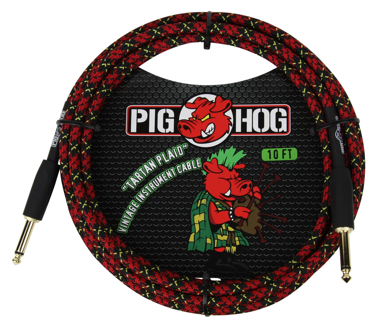 The image shows a Pig Hog 10-foot "Tartan Plaid" vintage instrument cable with a red and black plaid woven exterior and yellow accents. It features gold-plated 1/4" connectors for guitars and basses. The packaging displays Pig Hog's red pig logo and a Scottish-themed pig wearing a green kilt with bagpipes, highlighting the cable’s tartan design. This professional cable combines durability, performance, and a distinctive look.