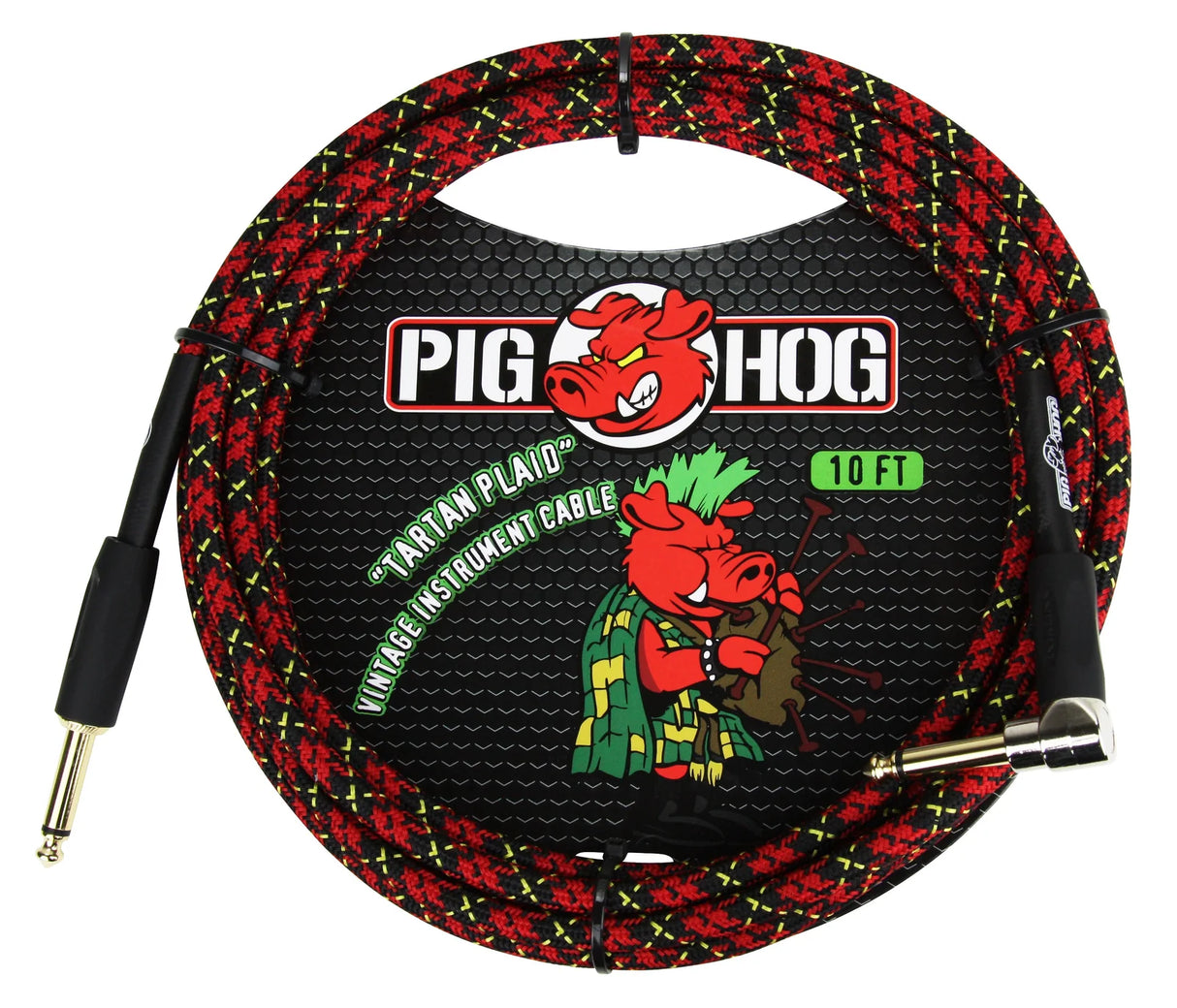 The image shows a 10-foot Pig Hog "Tartan Plaid" vintage-style instrument cable with a red and black plaid woven exterior and yellow stitching. It has standard 1/4" plugs (one straight, one right-angle) for connecting guitars or keyboards to amps or pedals. The Pig Hog branding with its red pig logo is visible on the packaging. The cable combines a classic look with durable protection for reliable signal transmission.